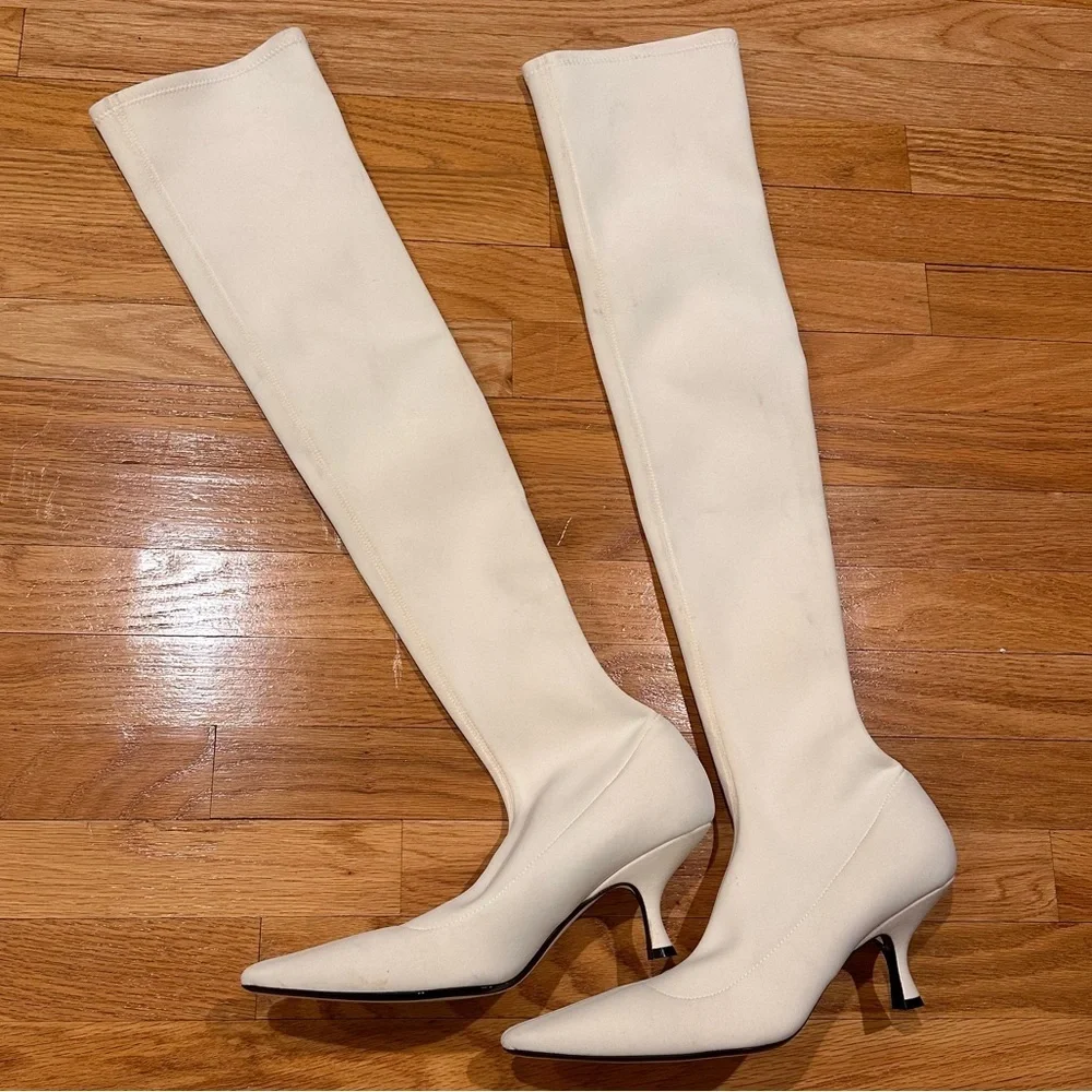 Khaite Taylor Women's White Over-the-Knee Neoprene Kitten Heel Boots